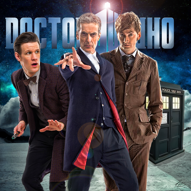 Peter Capaldi, con i suoi predecessori, Matt Smith e David Tennant